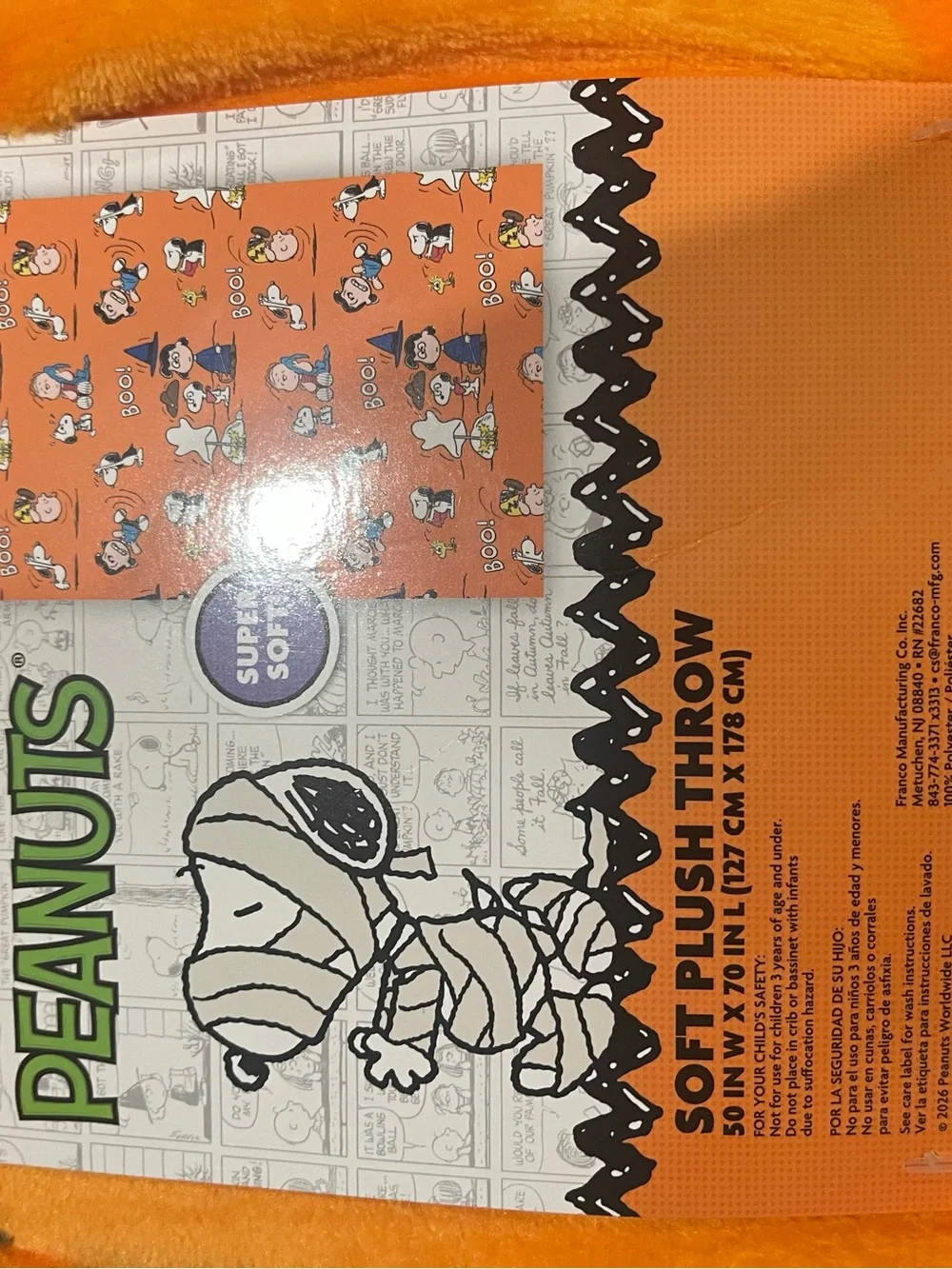 Snoopy Halloween Orange Plush Blanket with Character Print